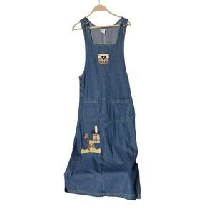 Vintage 90s Haiks L Denim Maxi Overall Dress‎ patriotic bear flag basket modest